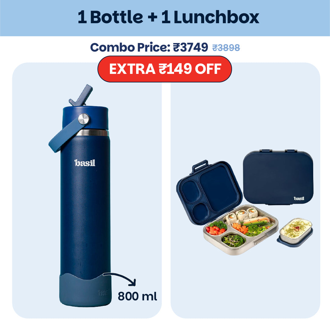 School Combo- Set of Water Bottle and Lunch Box Indigo