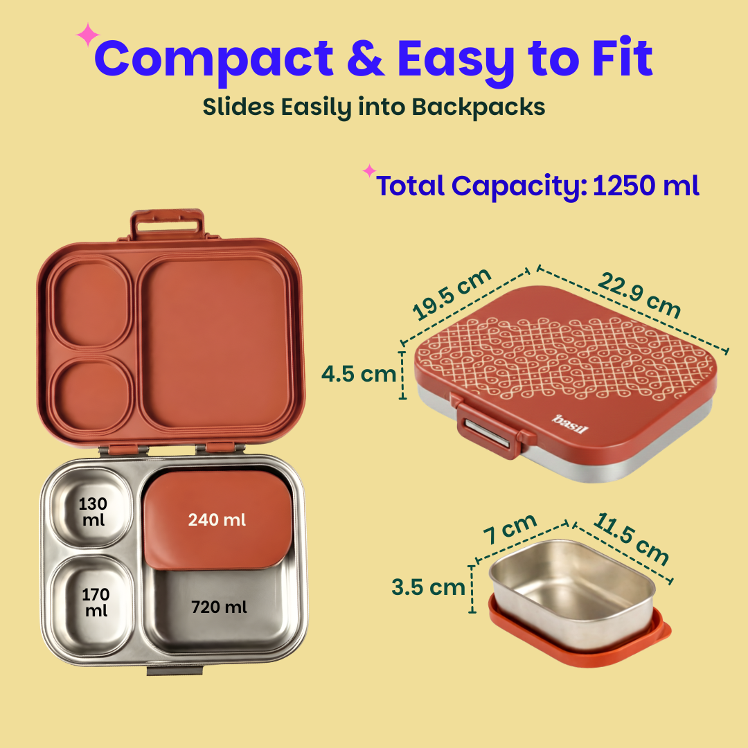 3+1 Compartment Stainless steel Lunchbox with Mini Box - Tanjore Kolam