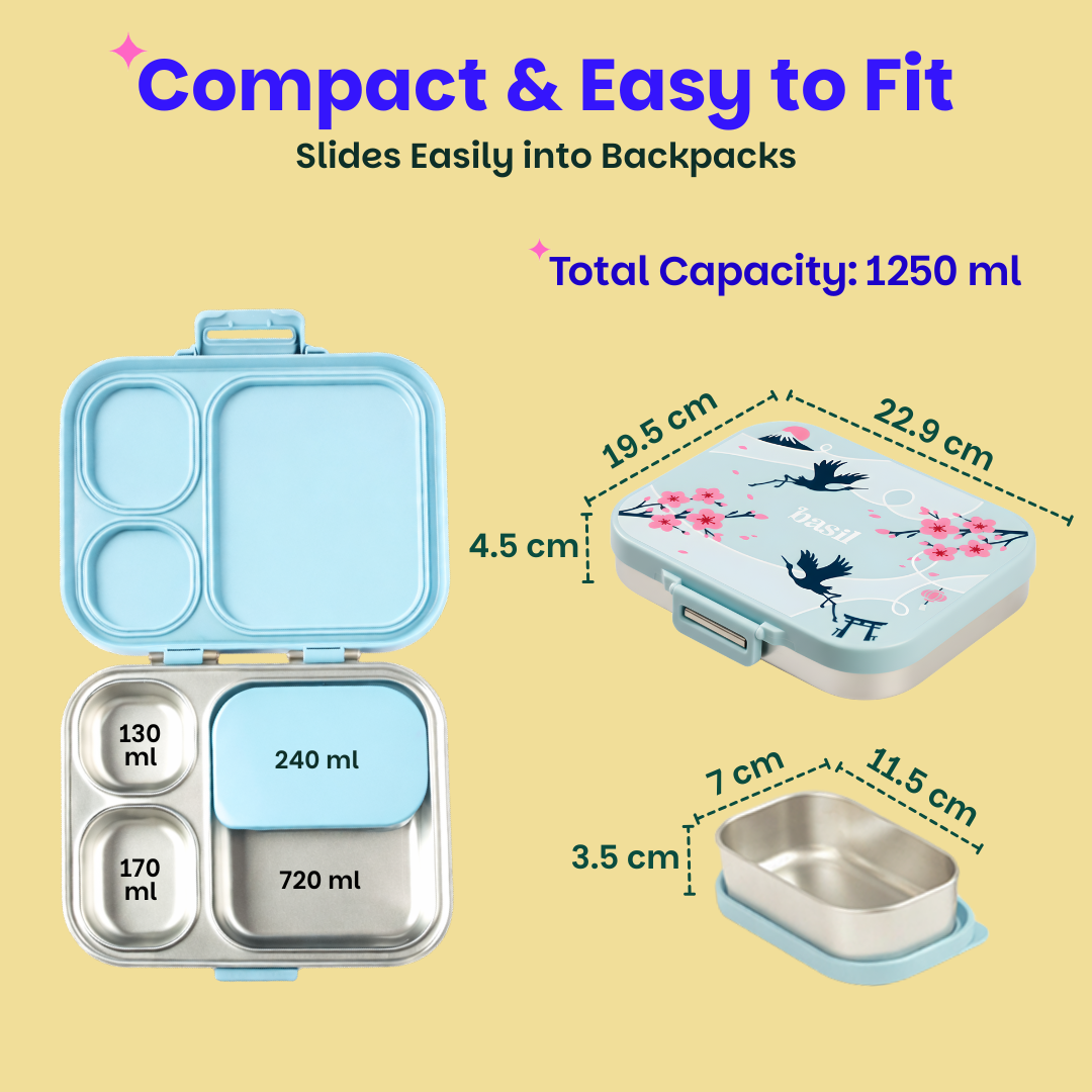 4 Compartment Stainless steel Lunchbox with Mini Box - Sakura Bloom