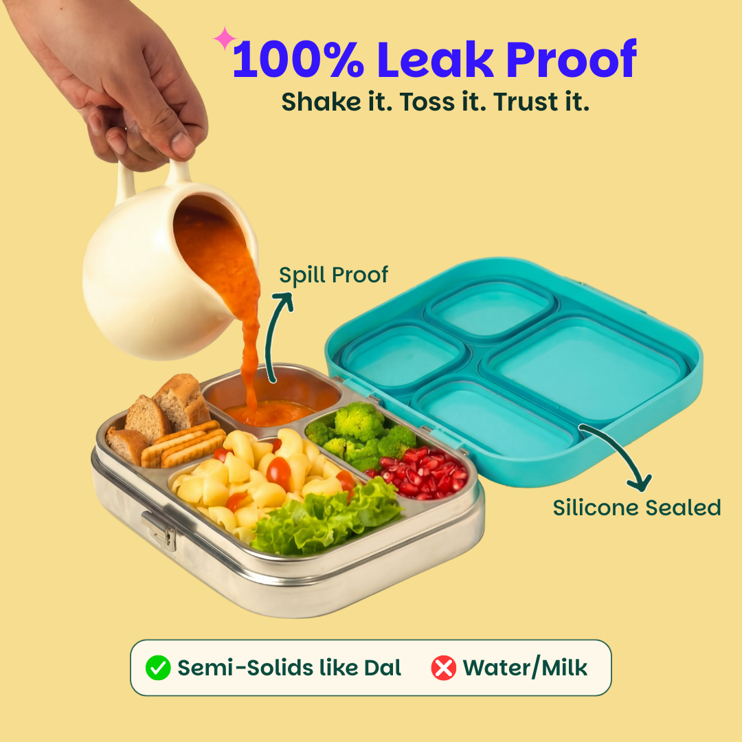 4 Compartment Stainless steel Lunchbox with Plastic lid - Teal Garden