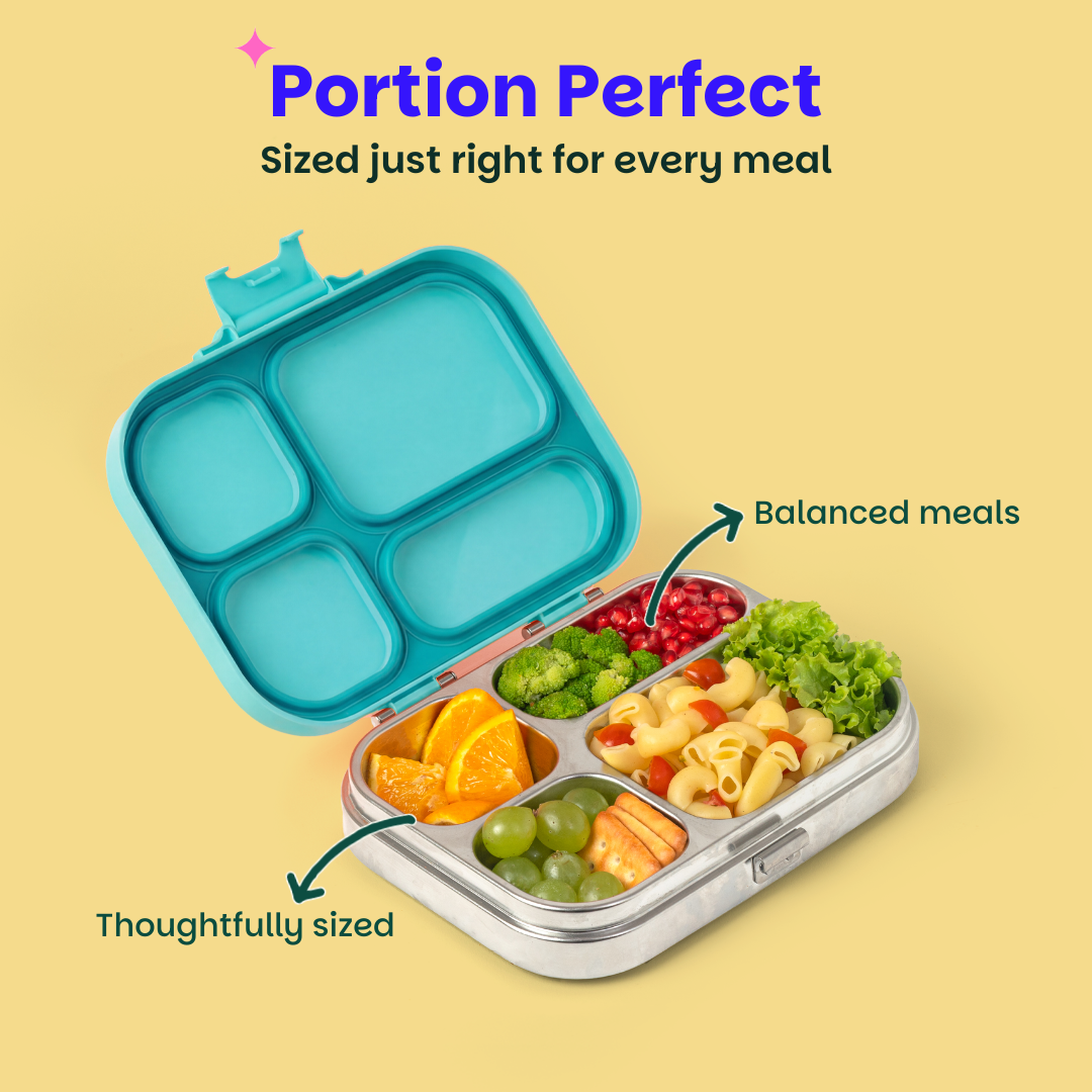 4 Compartment Stainless steel Lunchbox with Plastic lid - Teal Garden