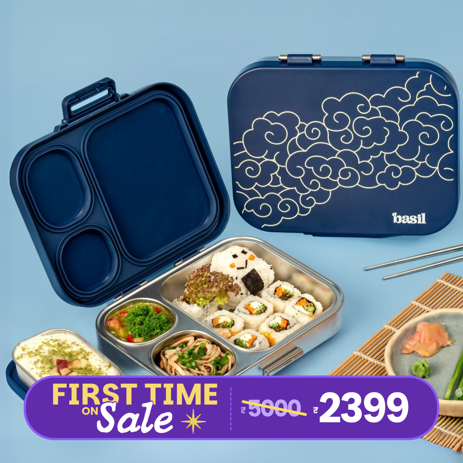4 Compartment Stainless steel Bento with Mini Box - Midnight Sora