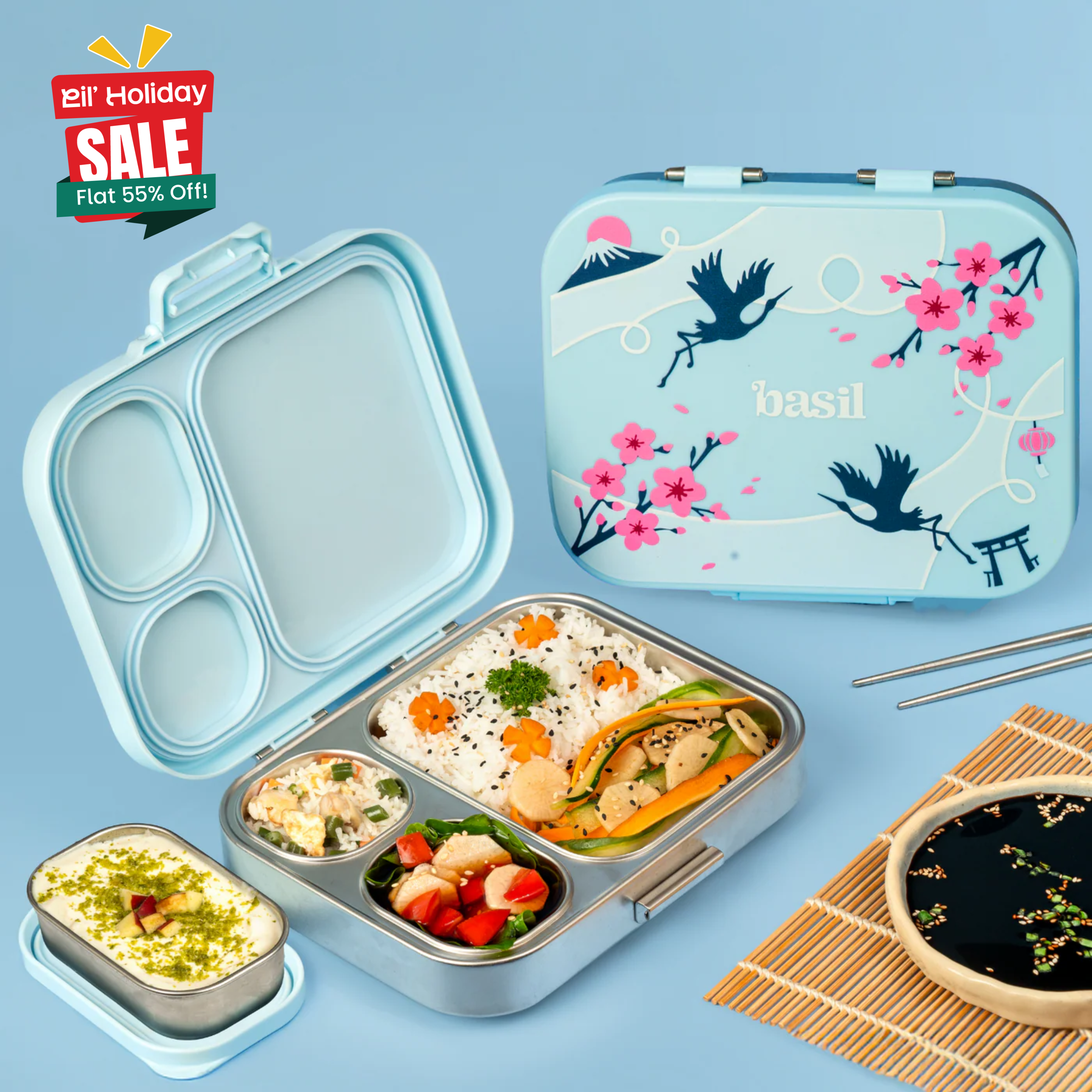 4 Compartment Stainless steel Lunchbox with Mini Box - Sakura Bloom