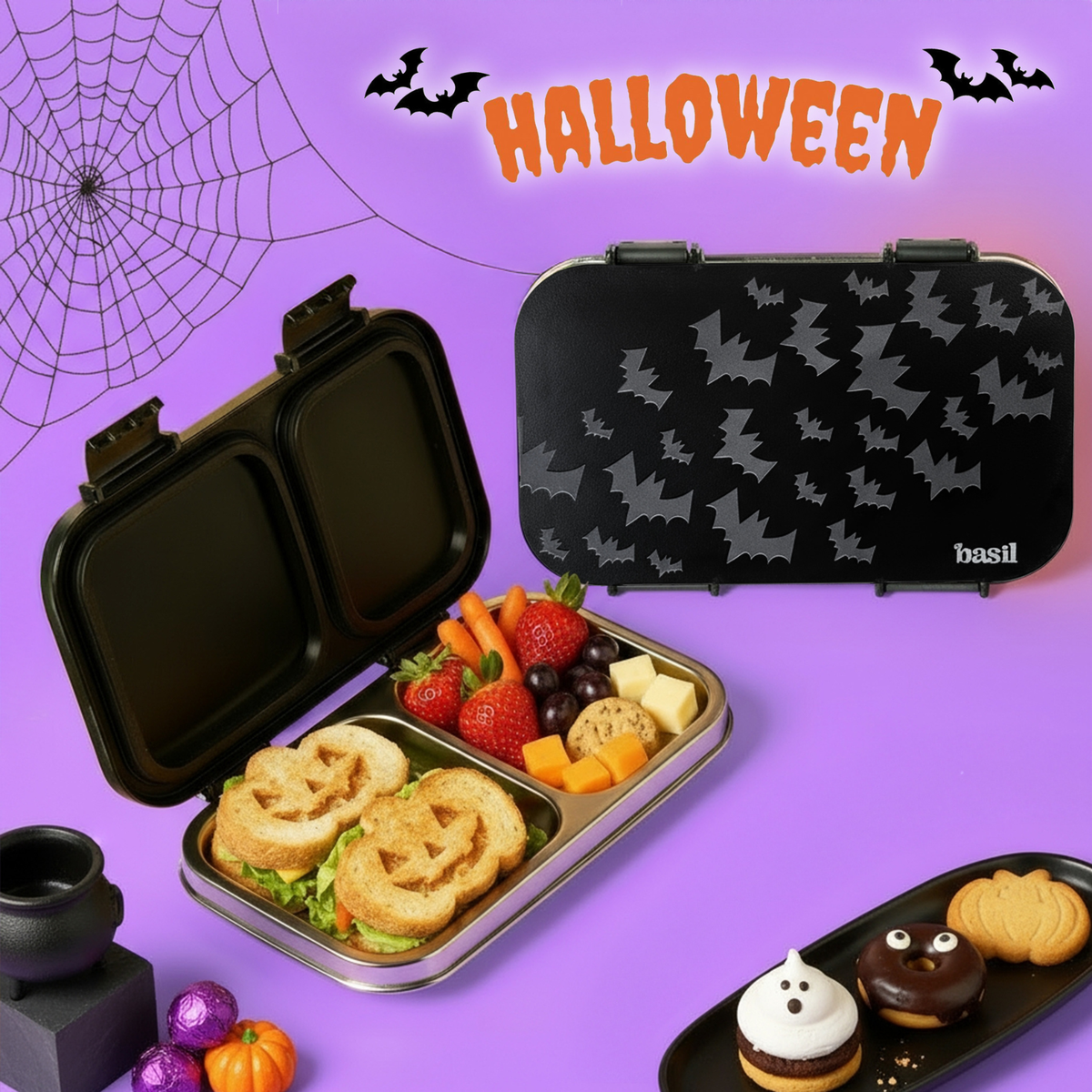 2 Compartment Stainless steel Lunchbox with Plastic Lid - Spooky Flight
