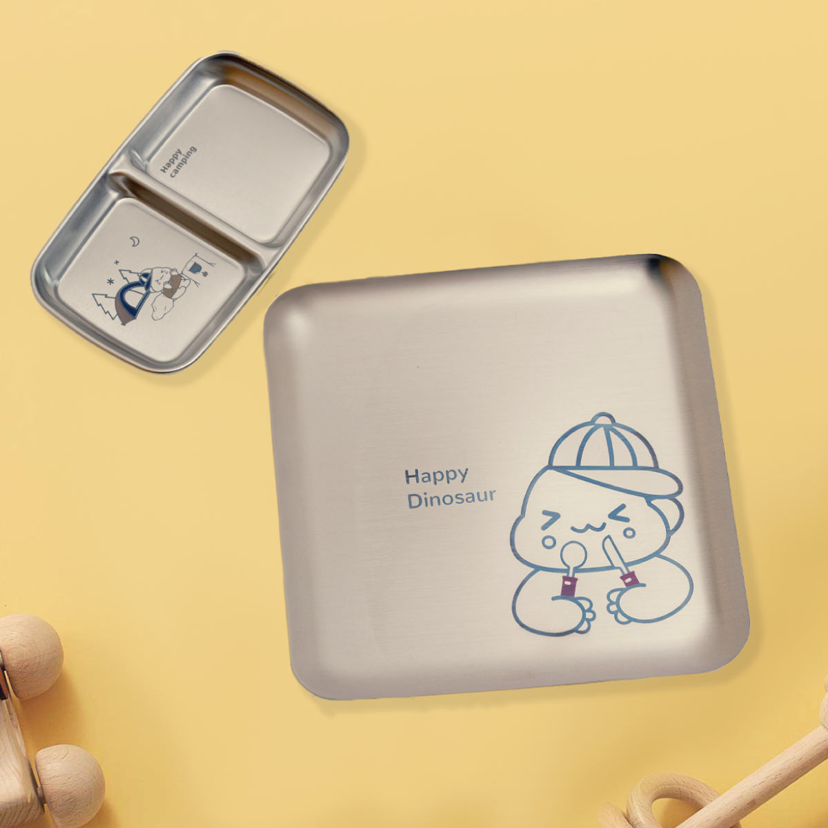 Set of 2 Stainless steel Snack plates - Dino