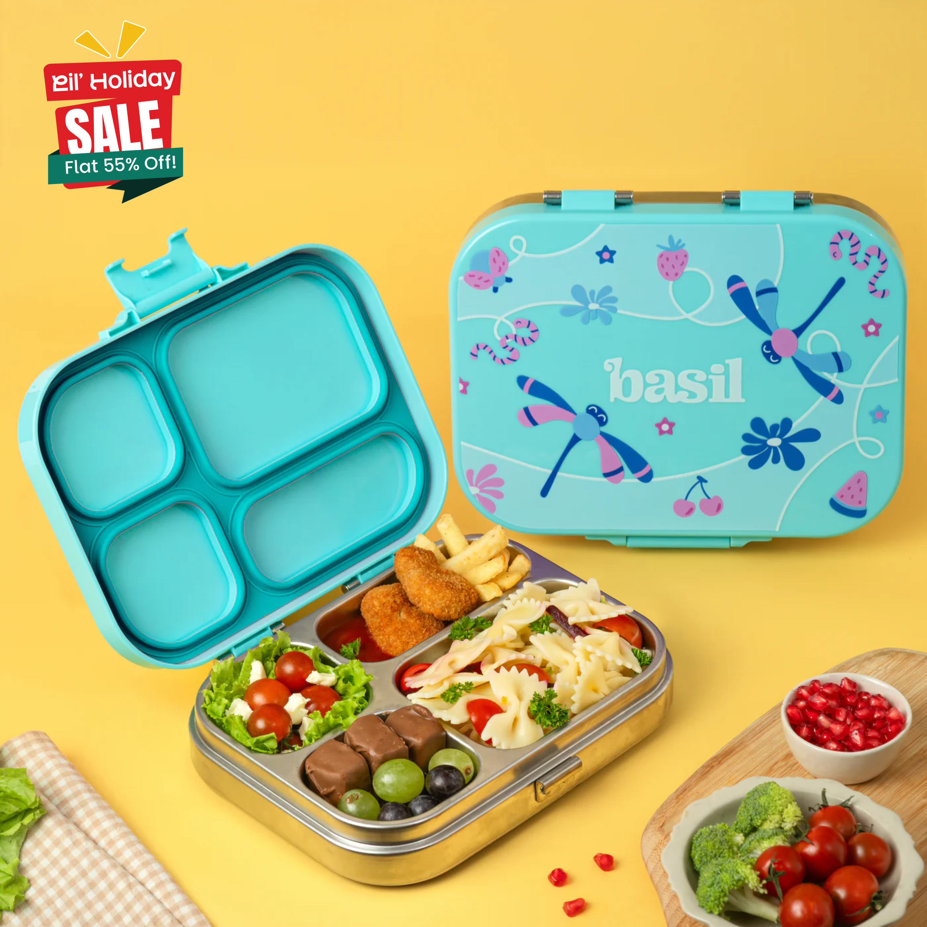 4 Compartment Stainless steel Lunchbox with Plastic lid - Teal Garden