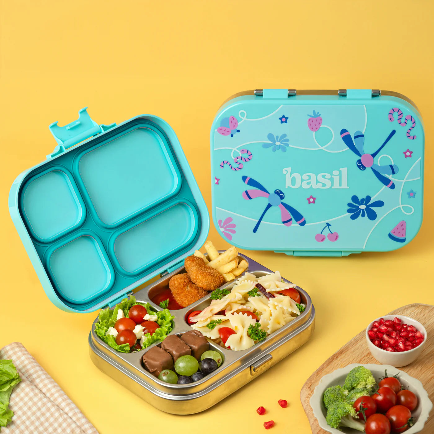 4 Compartment Stainless steel Lunchbox with Plastic lid - Teal Garden