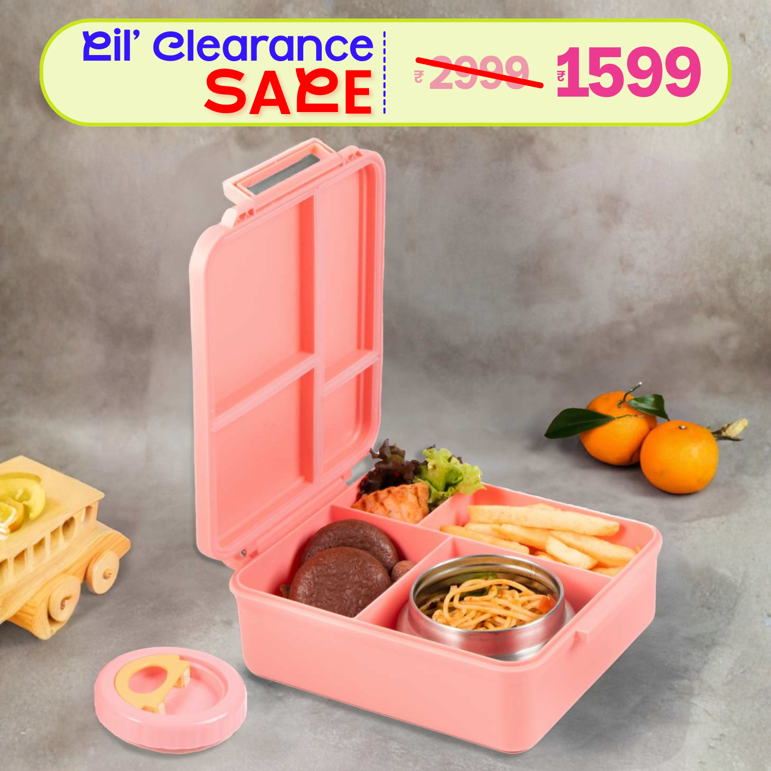 4 Compartment Lunchbox with Insulated jar - Pink