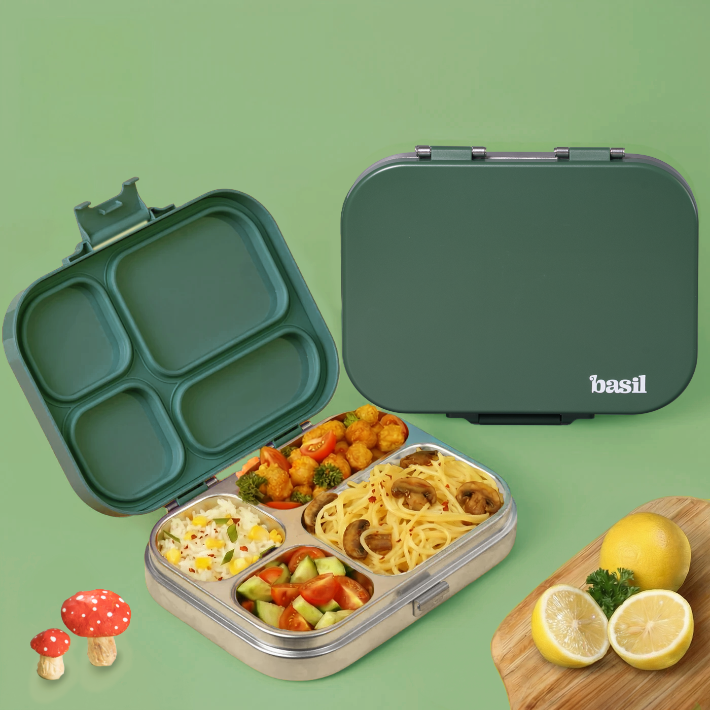 4 Compartment Stainless steel Lunchbox with Plastic lid - Wild Wood