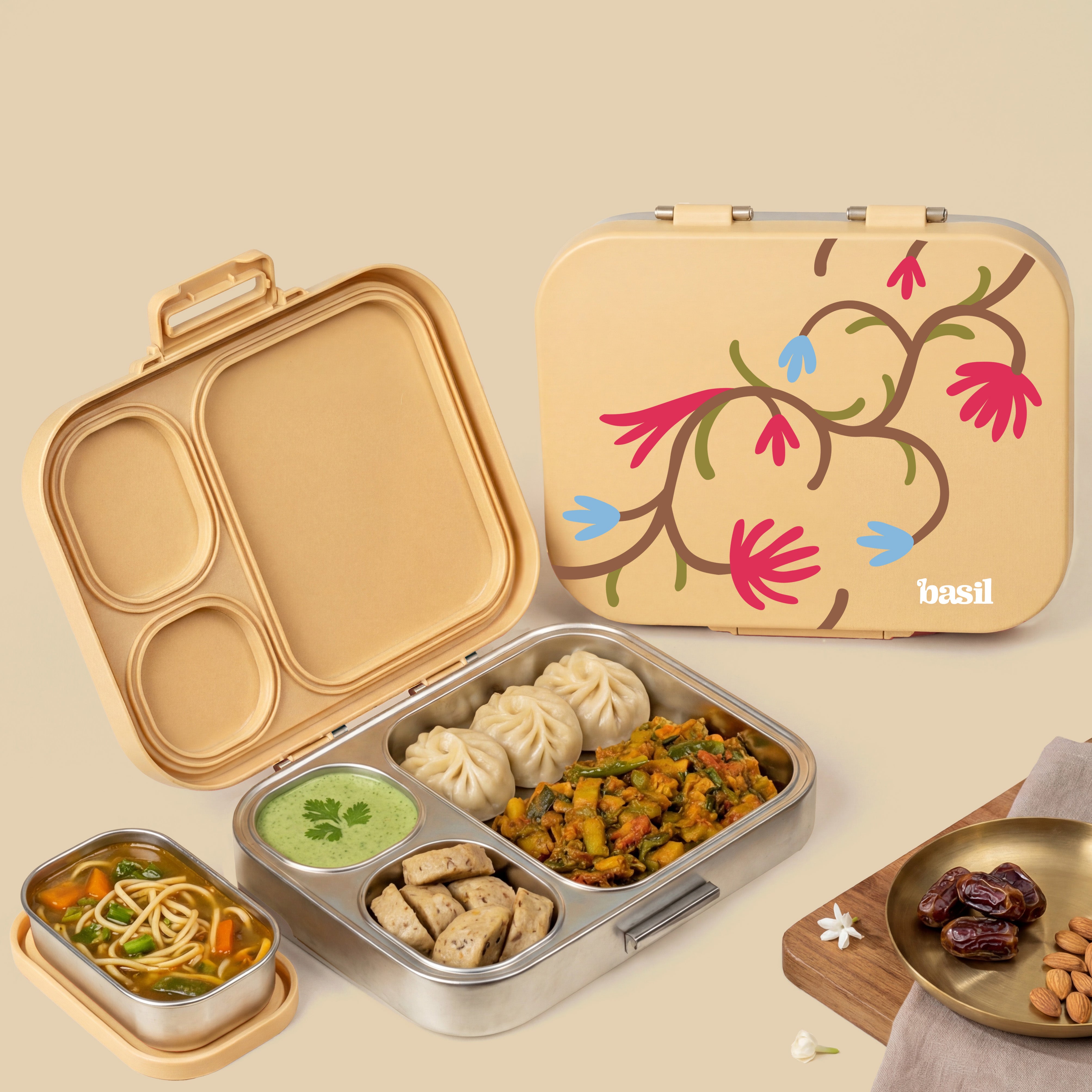 4 Compartment Stainless steel Lunchbox with Mini Box - Himachali Guldaan