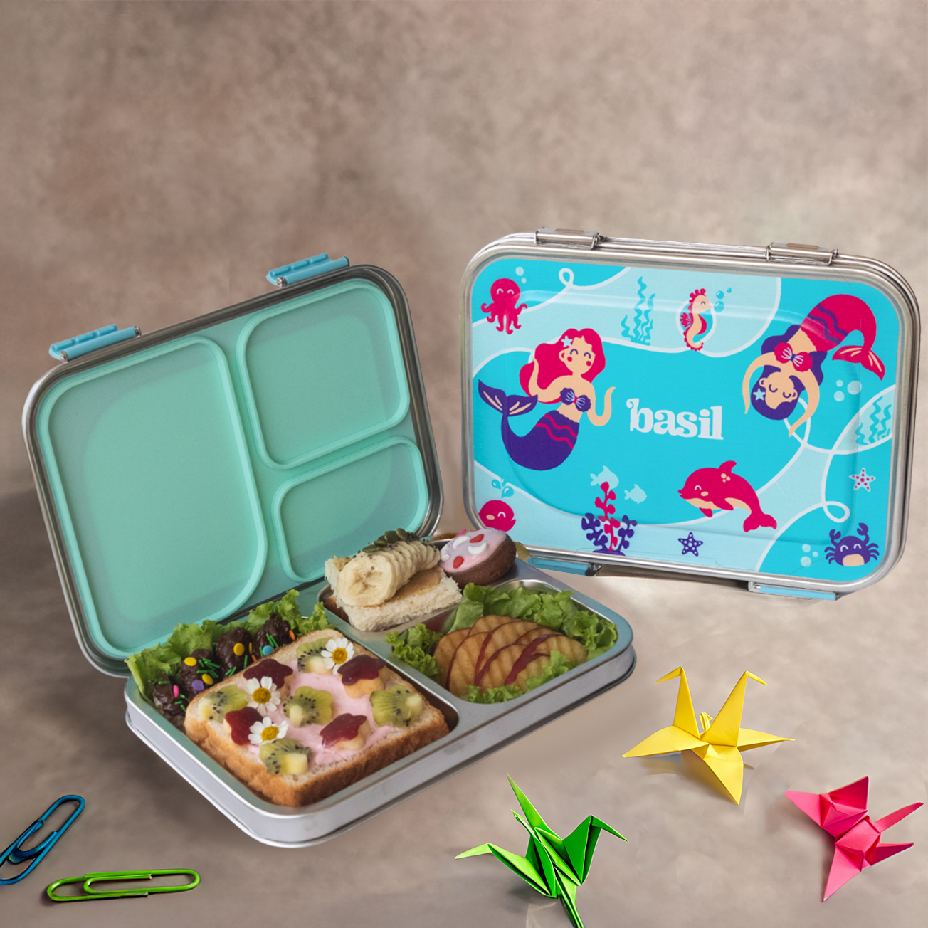 3 Compartment Stainless steel Lunchbox - Aqua Mist
