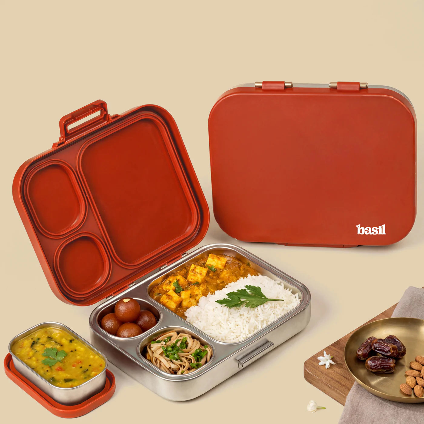 3+1 Compartment Stainless steel Lunchbox with Mini Box - Desi Mitti