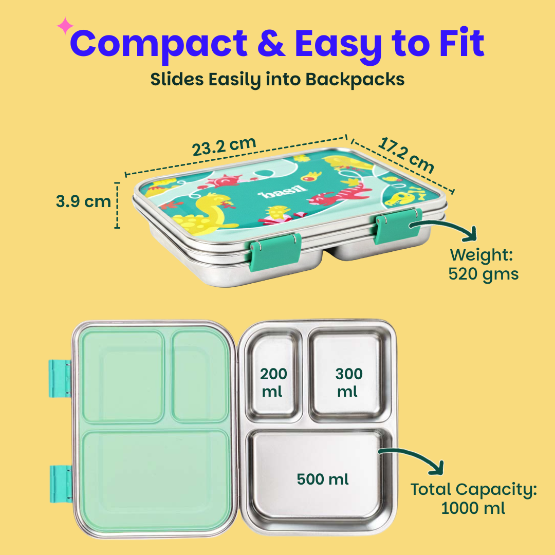 Green Dinosaur Lunch Box - 3 Compartment Dinosaur Tiffin Box | Basil