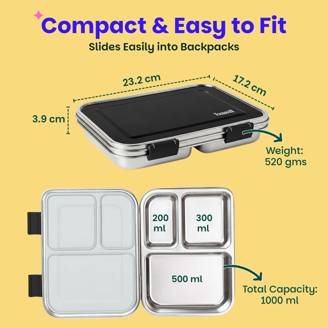 3 Compartment easy open-close Lunchbox - Black