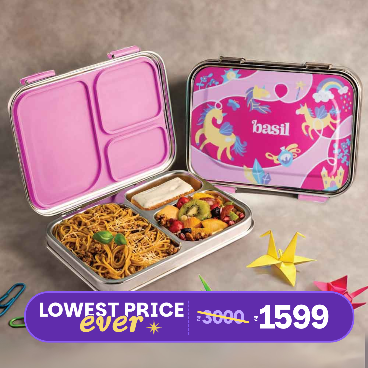 3 Compartment Stainless steel Bento box - Pixie Dash