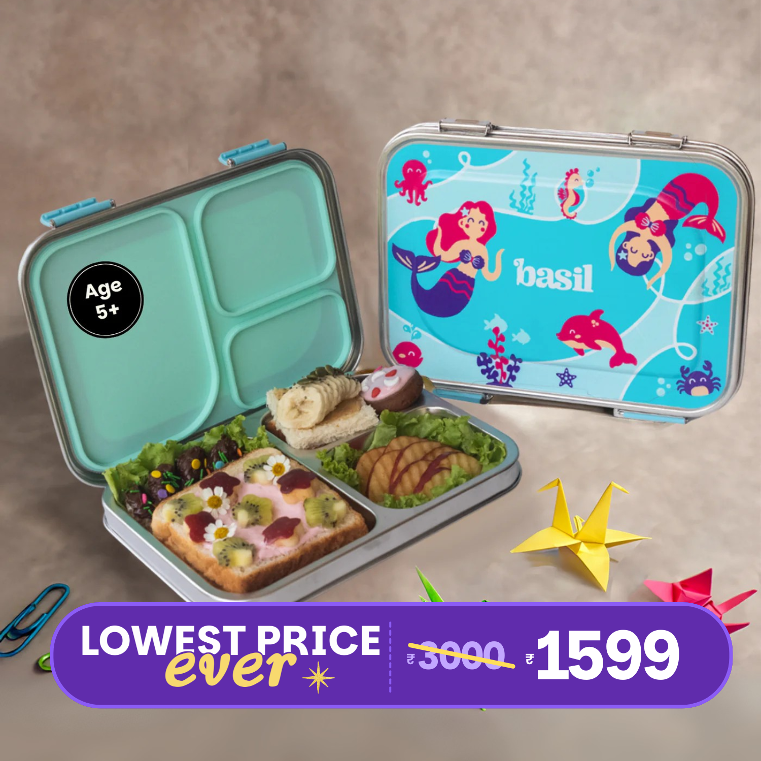 3 Compartment Stainless steel Bento box - Aqua Mist