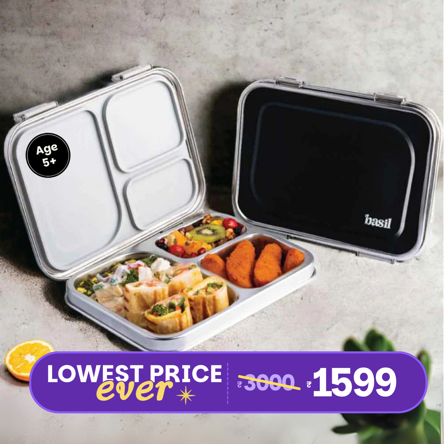 3 Compartment Stainless steel Bento box - Classic Black