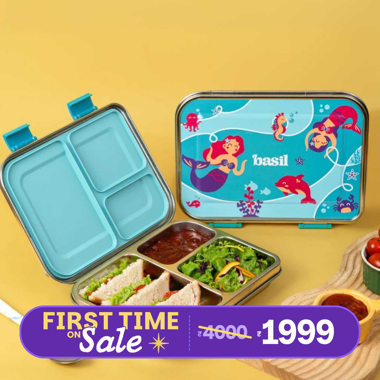 3 Compartment Easy open-close Bento - Aqua Mist
