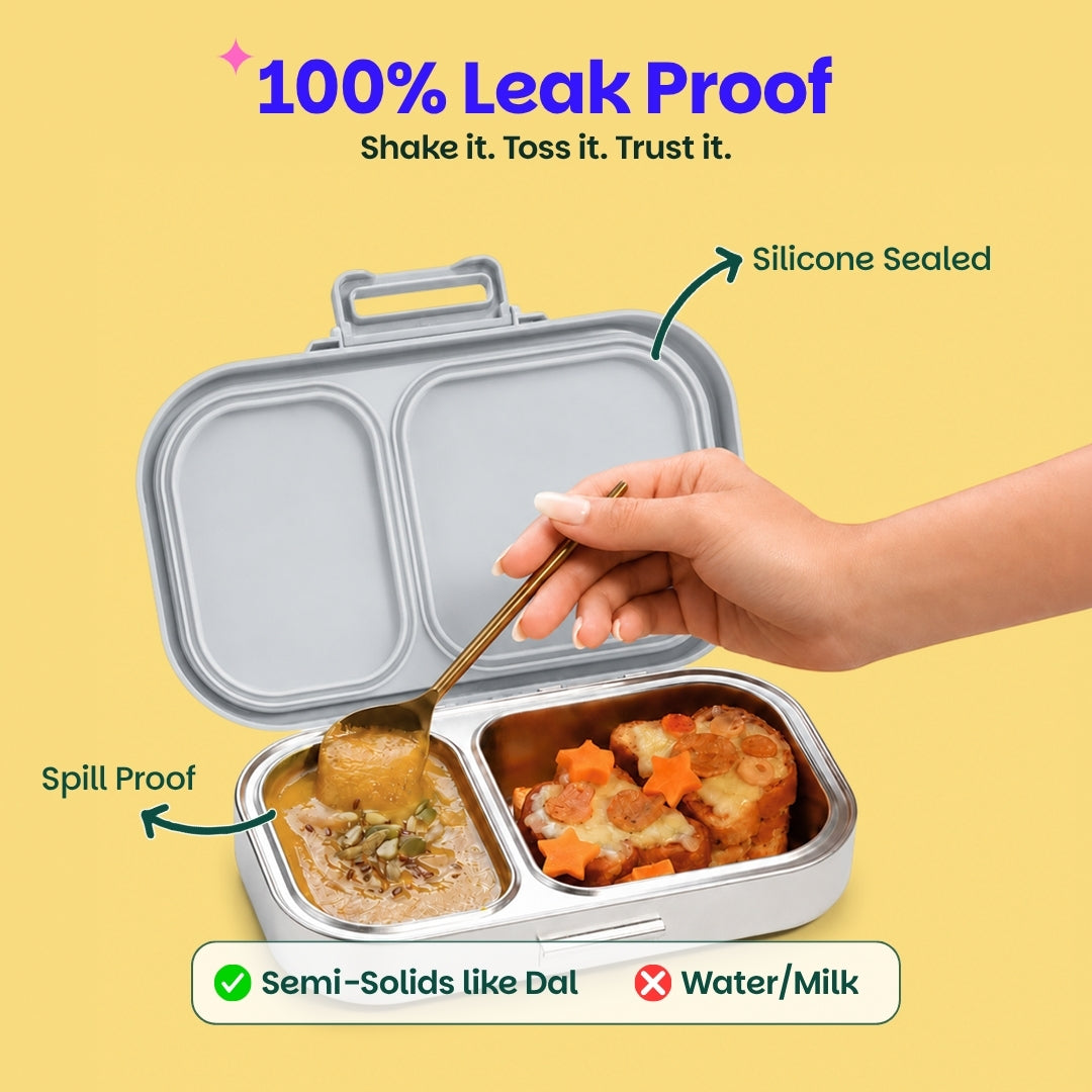 2 Compartment Stainless Steel Lunchbox with Plastic Lid - Classic Grey