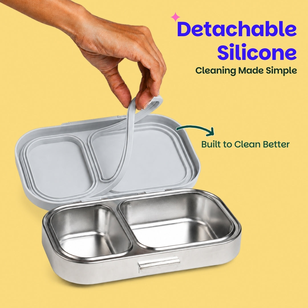 2 Compartment Stainless Steel Lunchbox with Plastic Lid - Classic Grey