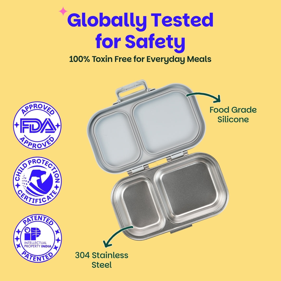 2 Compartment Stainless Steel Lunchbox with Plastic Lid - Classic Grey
