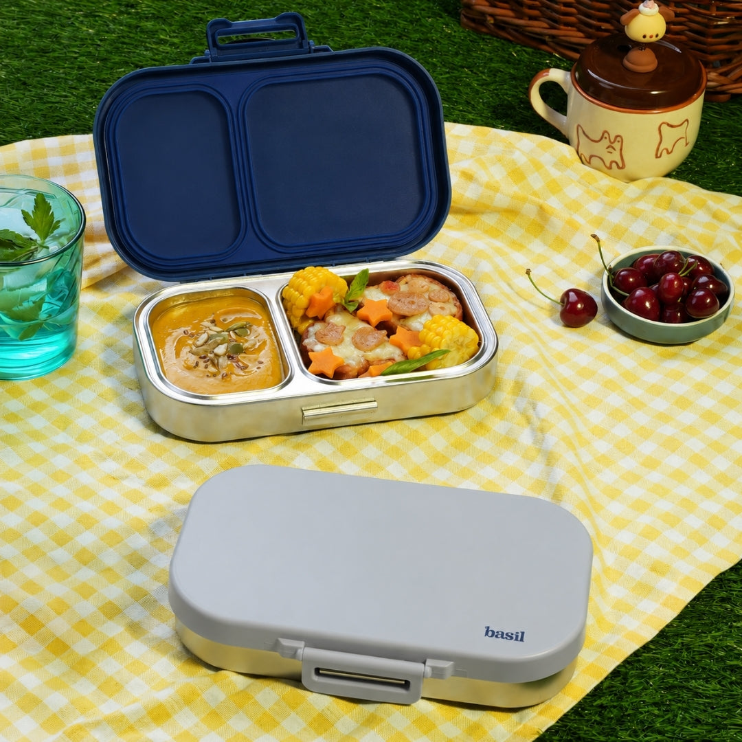 2 Compartment Stainless Steel Lunchbox with Plastic Lid - Classic Grey