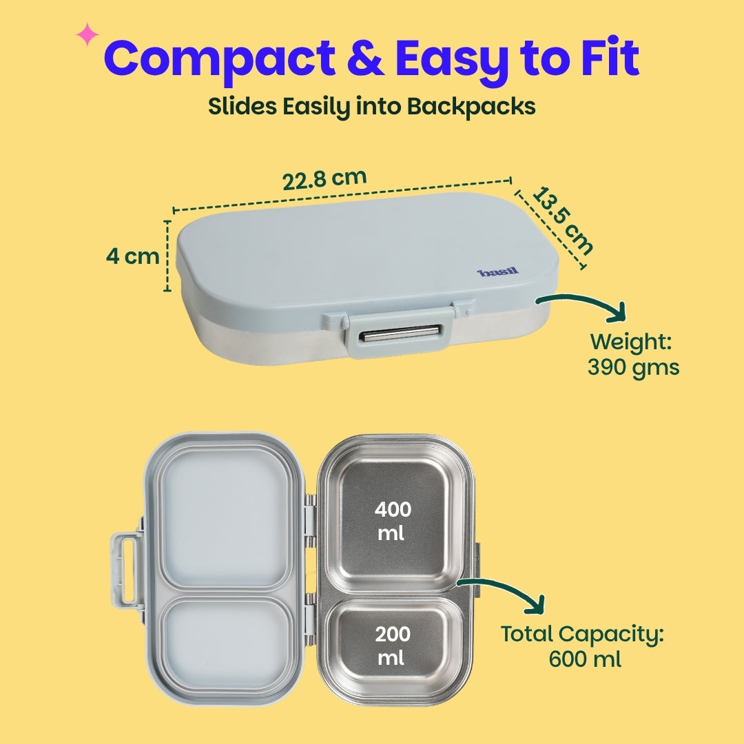 2 Compartment Stainless Steel Lunchbox with Plastic Lid - Classic Grey