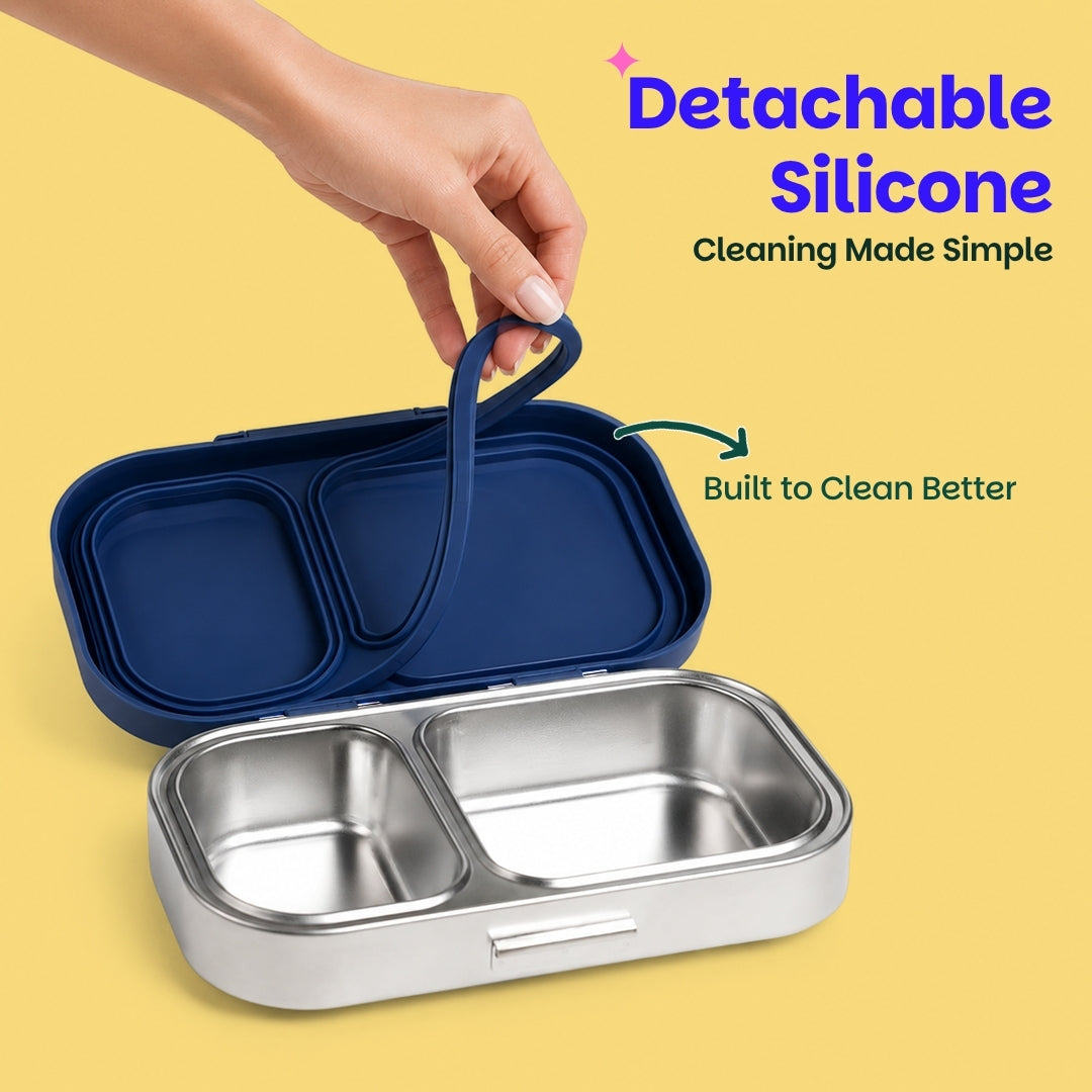 2 Compartment Stainless Steel Lunchbox with Plastic Lid - Classic Blue
