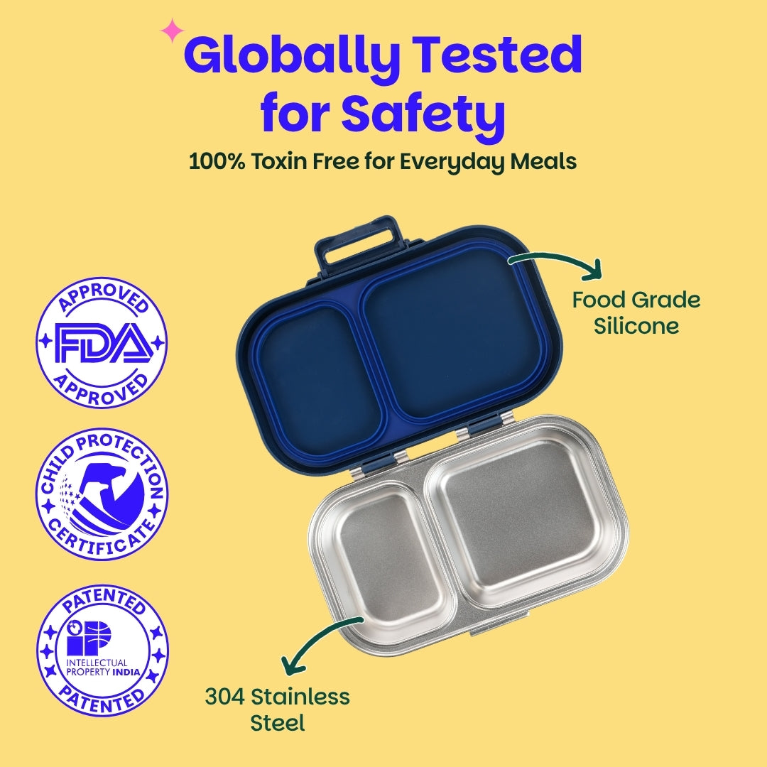 2 Compartment Stainless Steel Lunchbox with Plastic Lid - Classic Blue