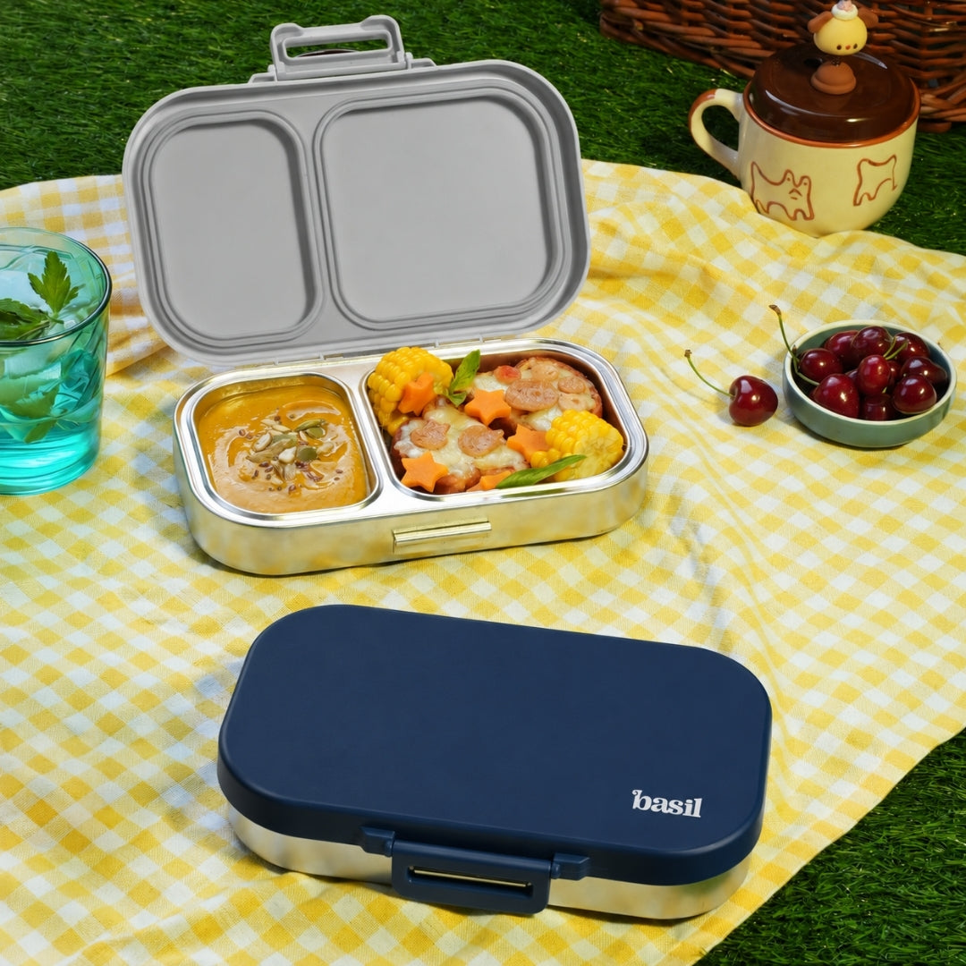 2 Compartment Stainless Steel Lunchbox with Plastic Lid - Classic Blue