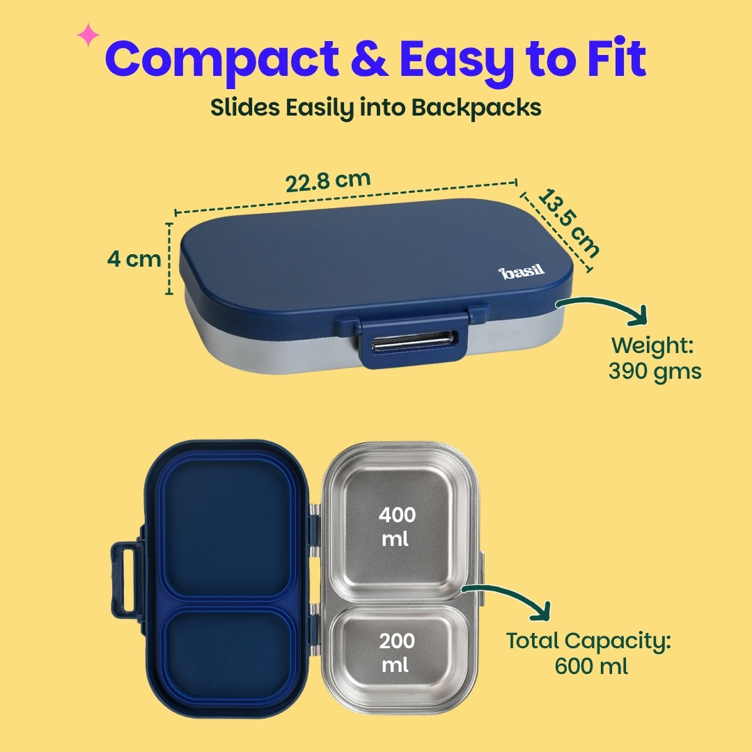 2 Compartment Stainless Steel Lunchbox with Plastic Lid - Classic Blue