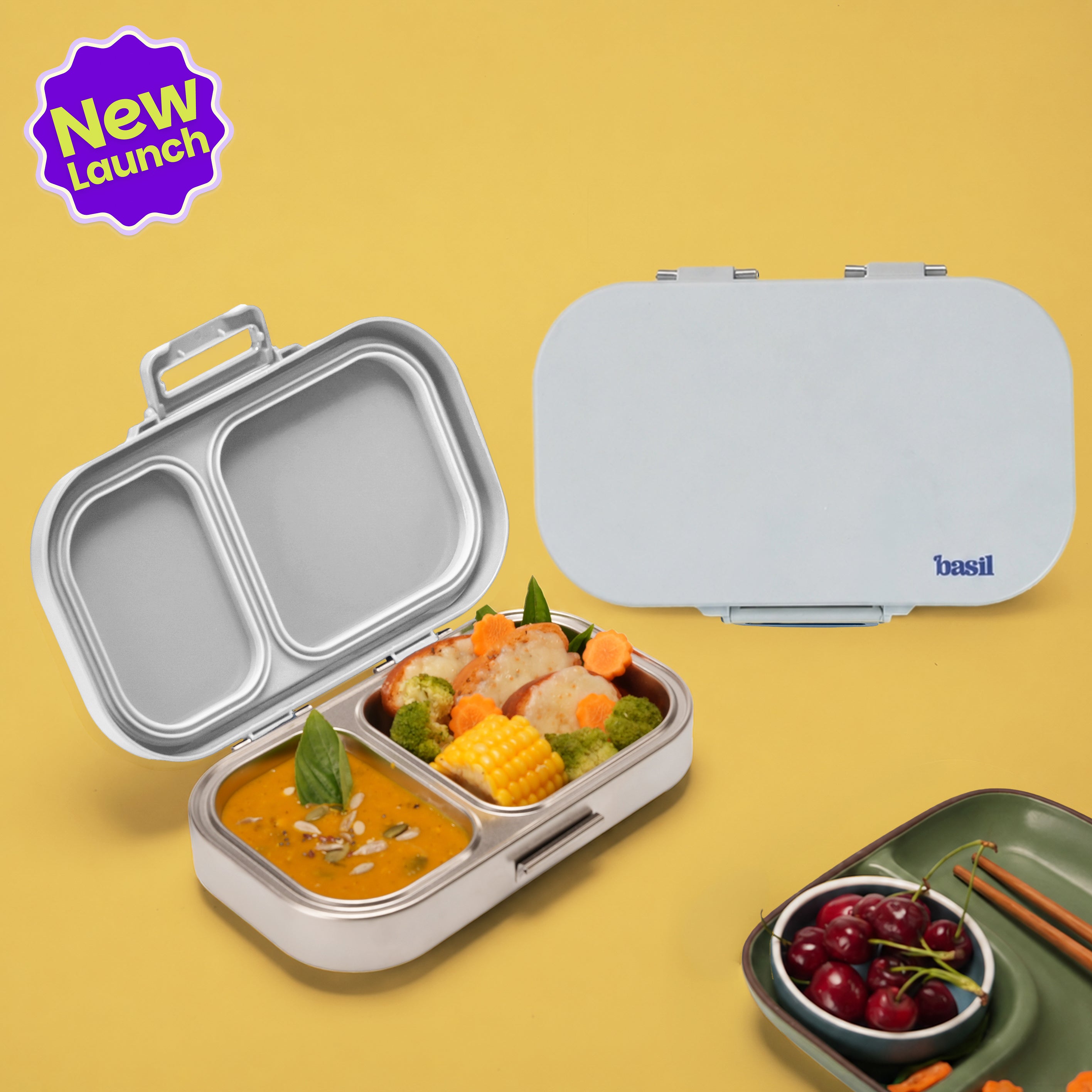 2 Compartment Stainless Steel Lunchbox with Plastic Lid - Classic Grey