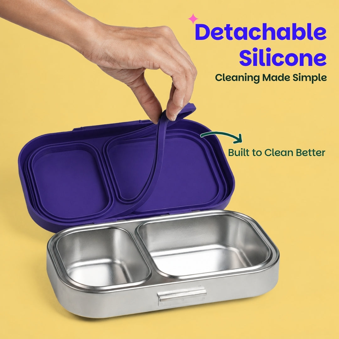 2 Compartment Stainless Steel Lunchbox with Plastic Lid - Pixel Rush