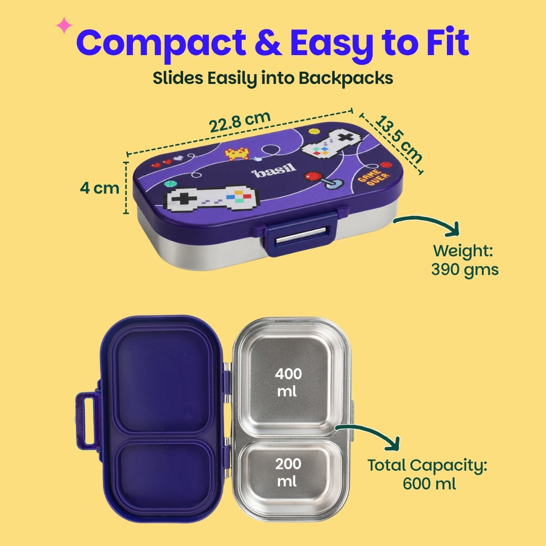 2 Compartment Stainless Steel Lunchbox with Plastic Lid - Pixel Rush