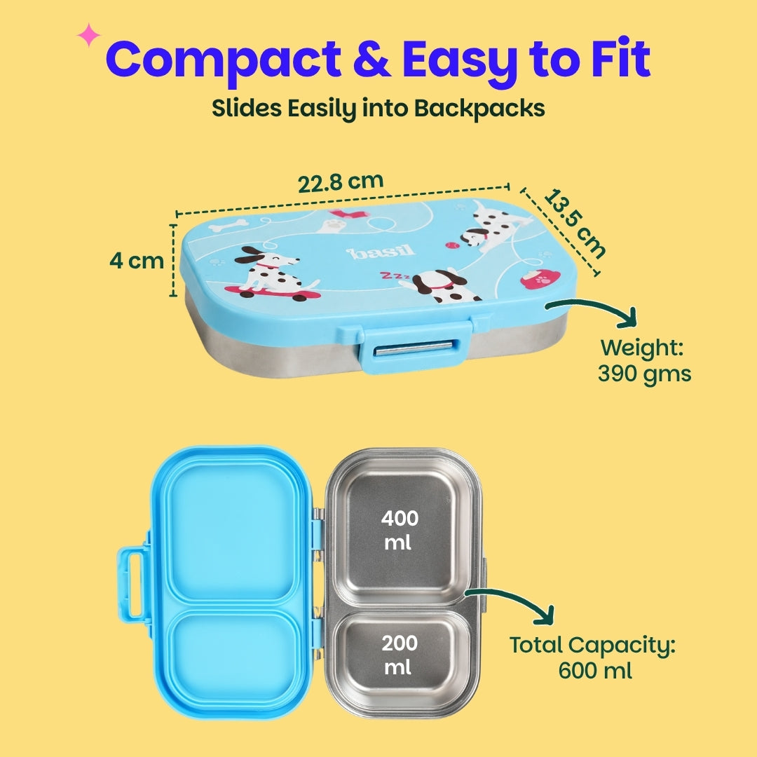 2 Compartment Stainless Steel Lunchbox with Plastic Lid - Wiggly Woof