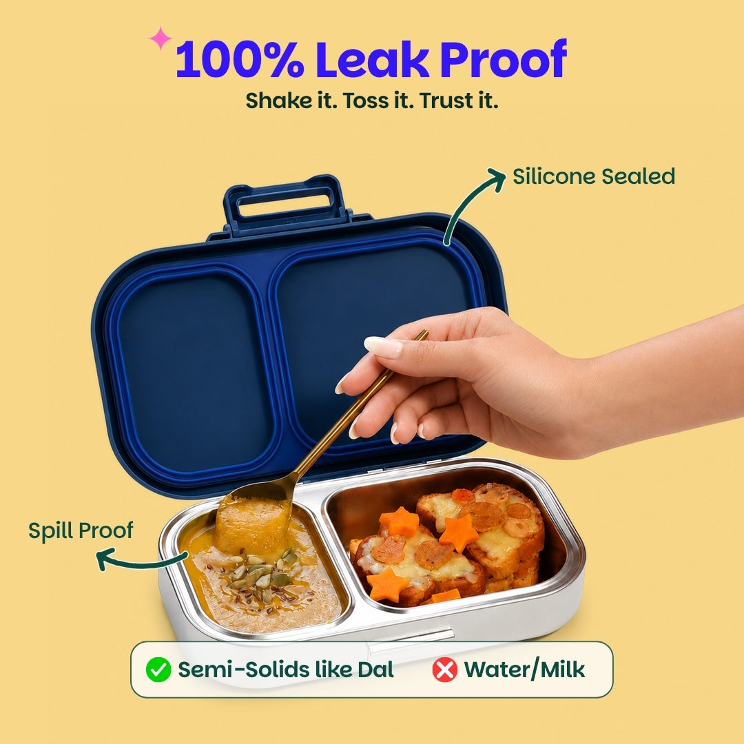 2 Compartment Stainless Steel Lunchbox with Plastic Lid - Classic Blue