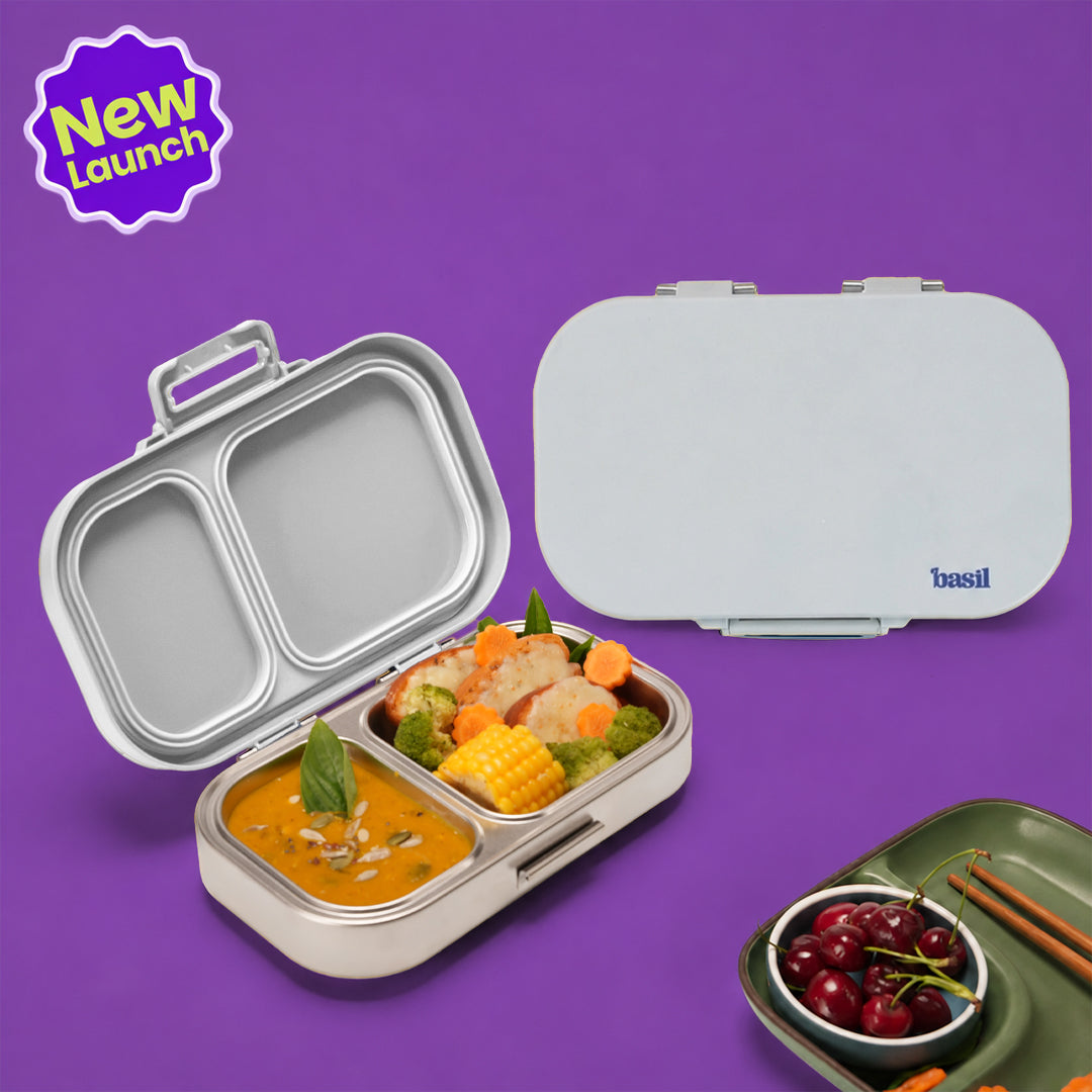 2 Compartment Stainless Steel Lunchbox with Plastic Lid - Classic Grey