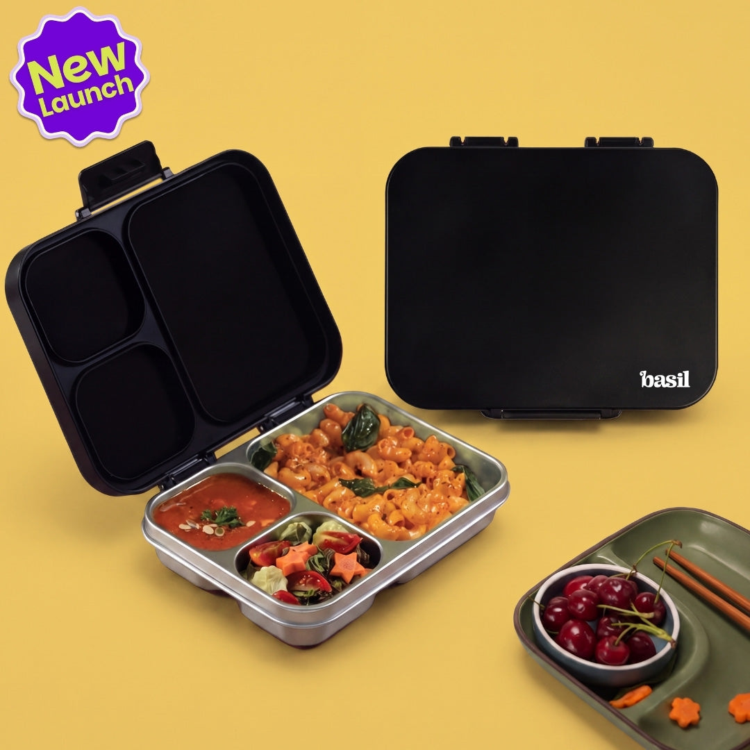 3 Compartment Stainless Steel Lunchbox with Plastic Lid - Classic Black