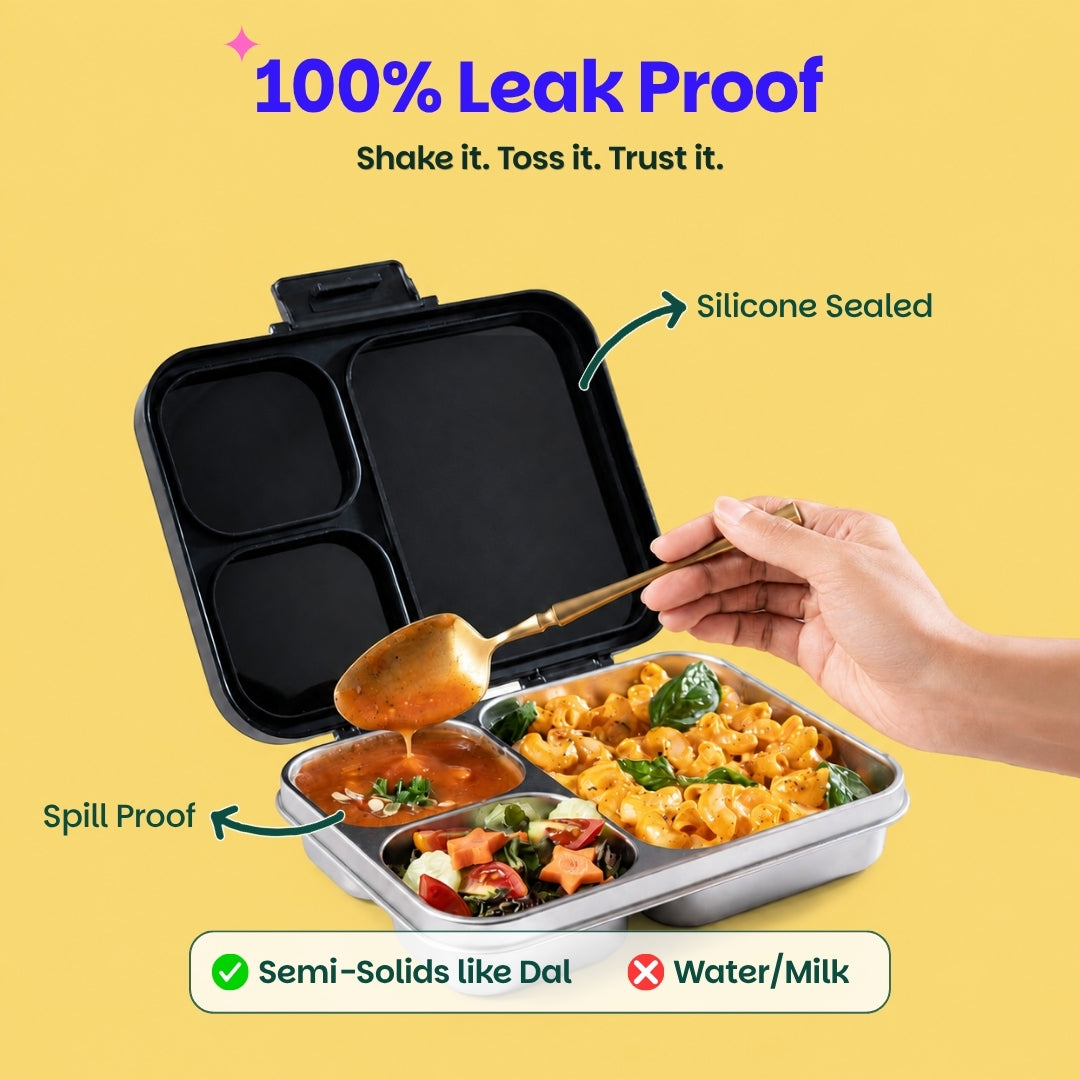 3 Compartment Stainless Steel Lunchbox with Plastic Lid - Classic Black