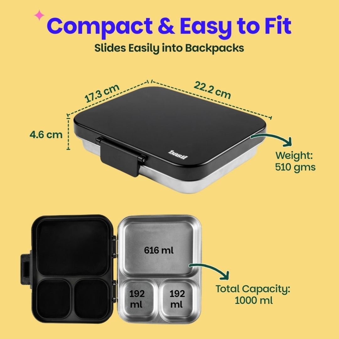 3 Compartment Stainless Steel Lunchbox with Plastic Lid - Classic Black