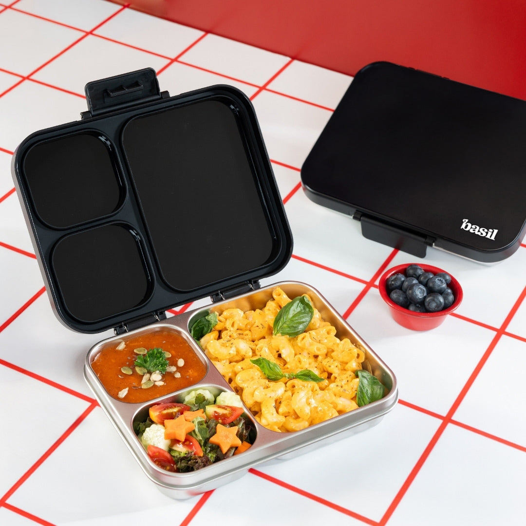 3 Compartment Stainless Steel Lunchbox with Plastic Lid - Classic Black