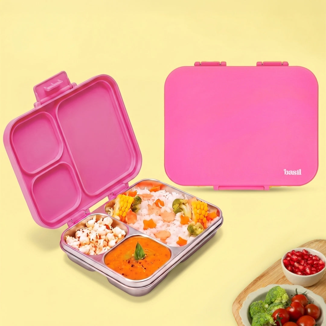 3 Compartment Stainless Steel Lunchbox with Plastic Lid - Classic Pink