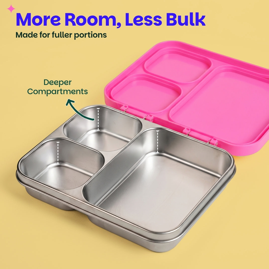 3 Compartment Stainless Steel Lunchbox with Plastic Lid - Classic Pink