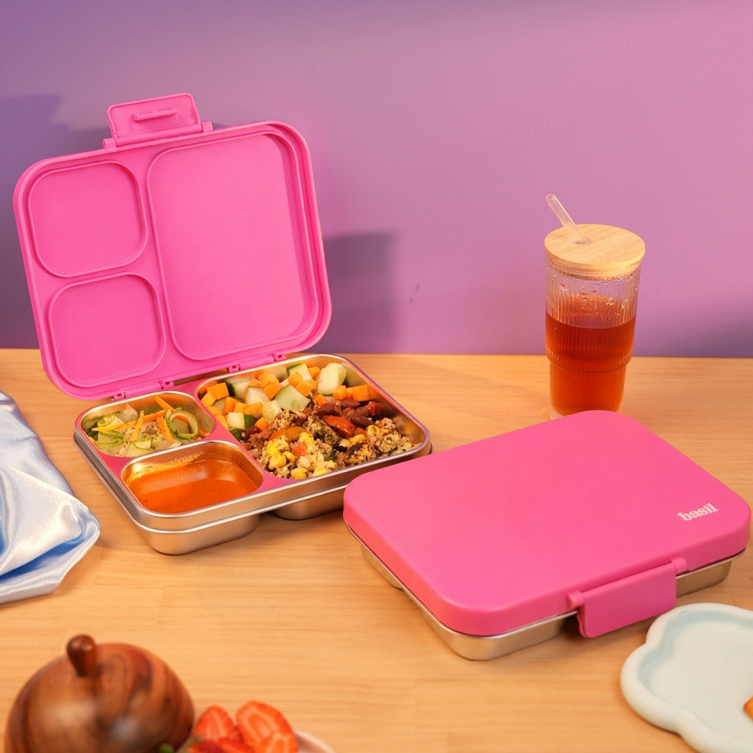 3 Compartment Stainless Steel Lunchbox with Plastic Lid - Classic Pink