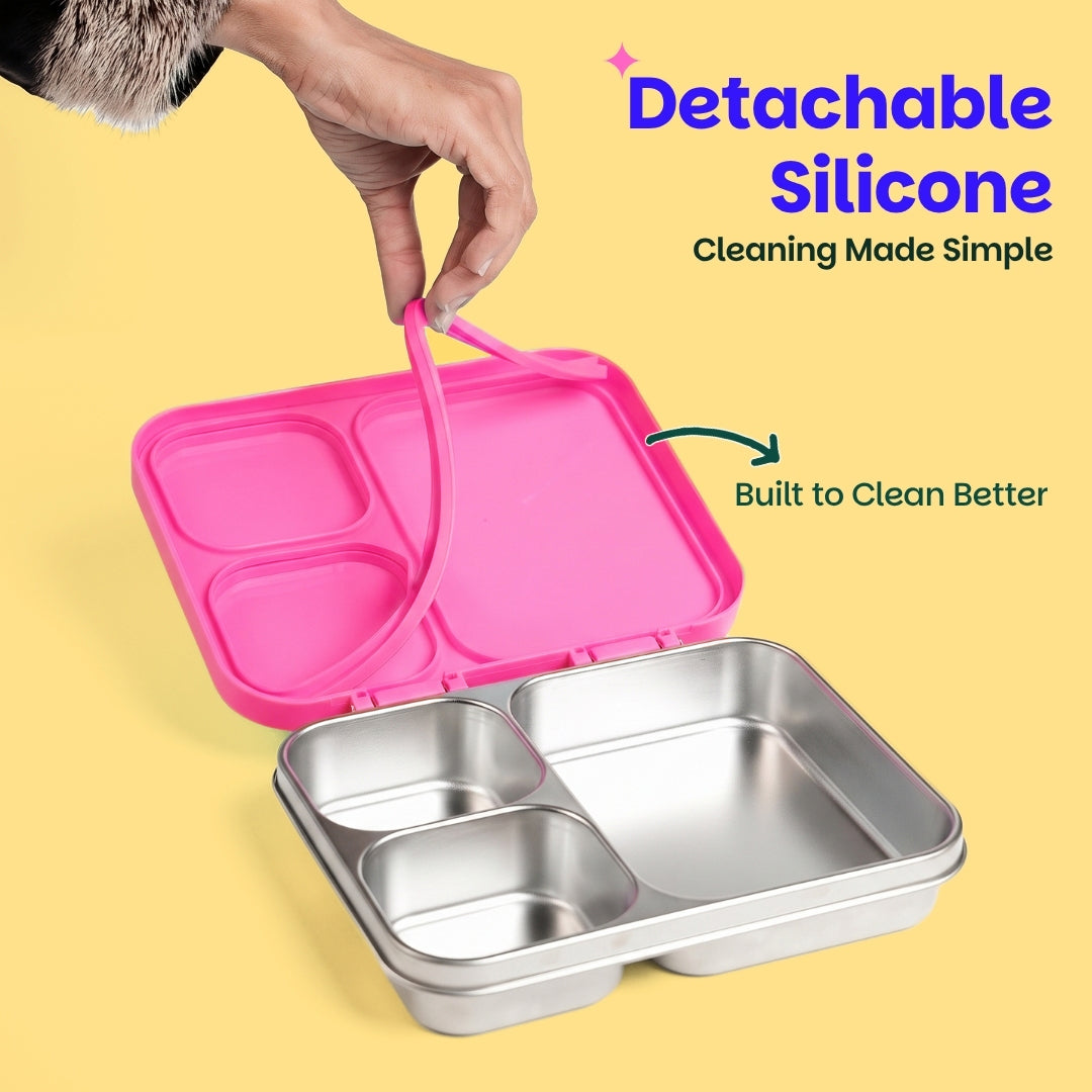 3 Compartment Stainless Steel Lunchbox with Plastic Lid - Classic Pink