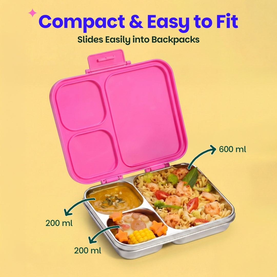 3 Compartment Stainless Steel Lunchbox with Plastic Lid - Classic Pink