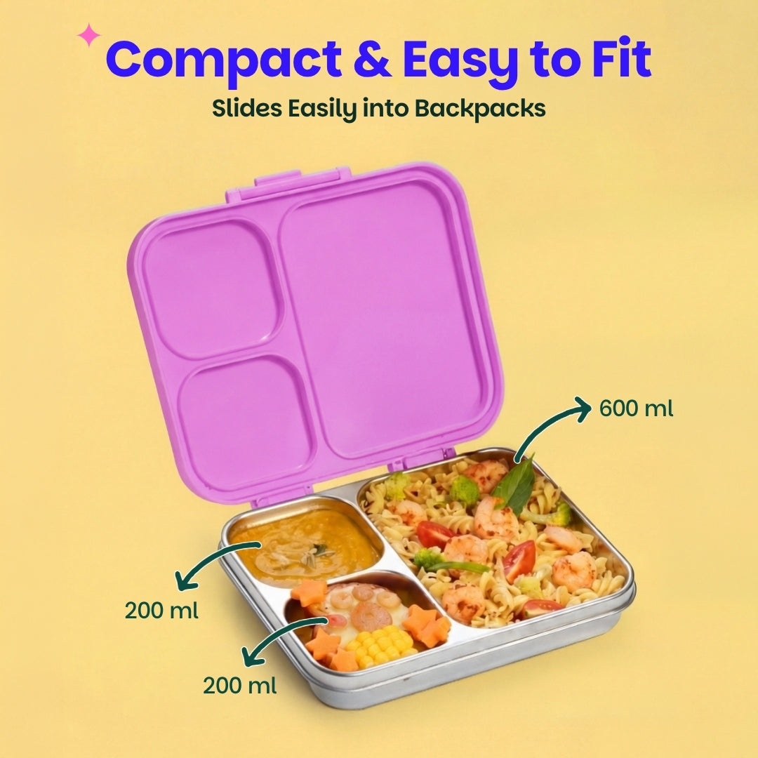 3 Compartment Stainless Steel Lunchbox with Plastic Lid - Luna Lark