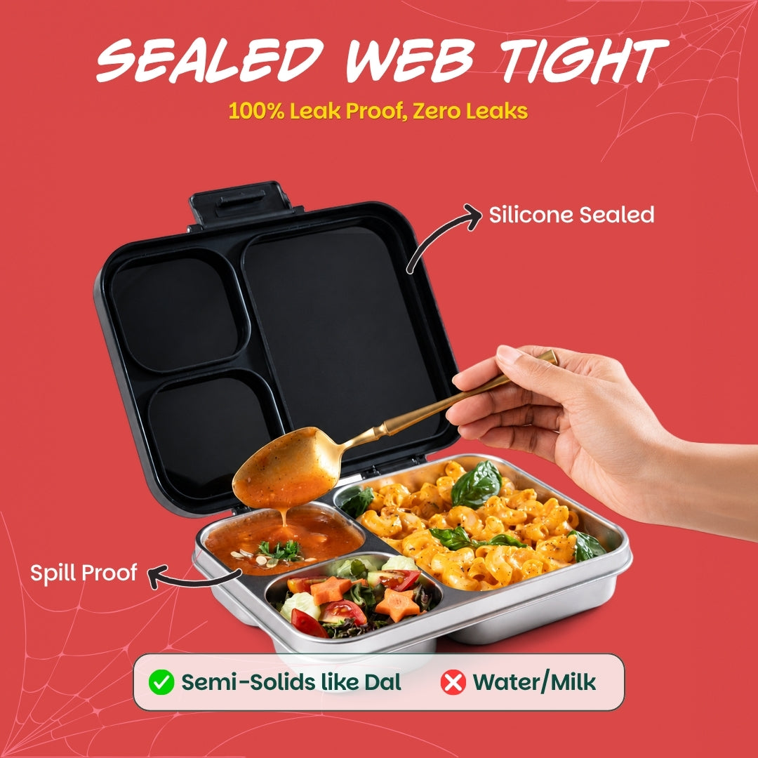 3 Compartment Stainless Steel Lunchbox with Plastic Lid - Phantom Web