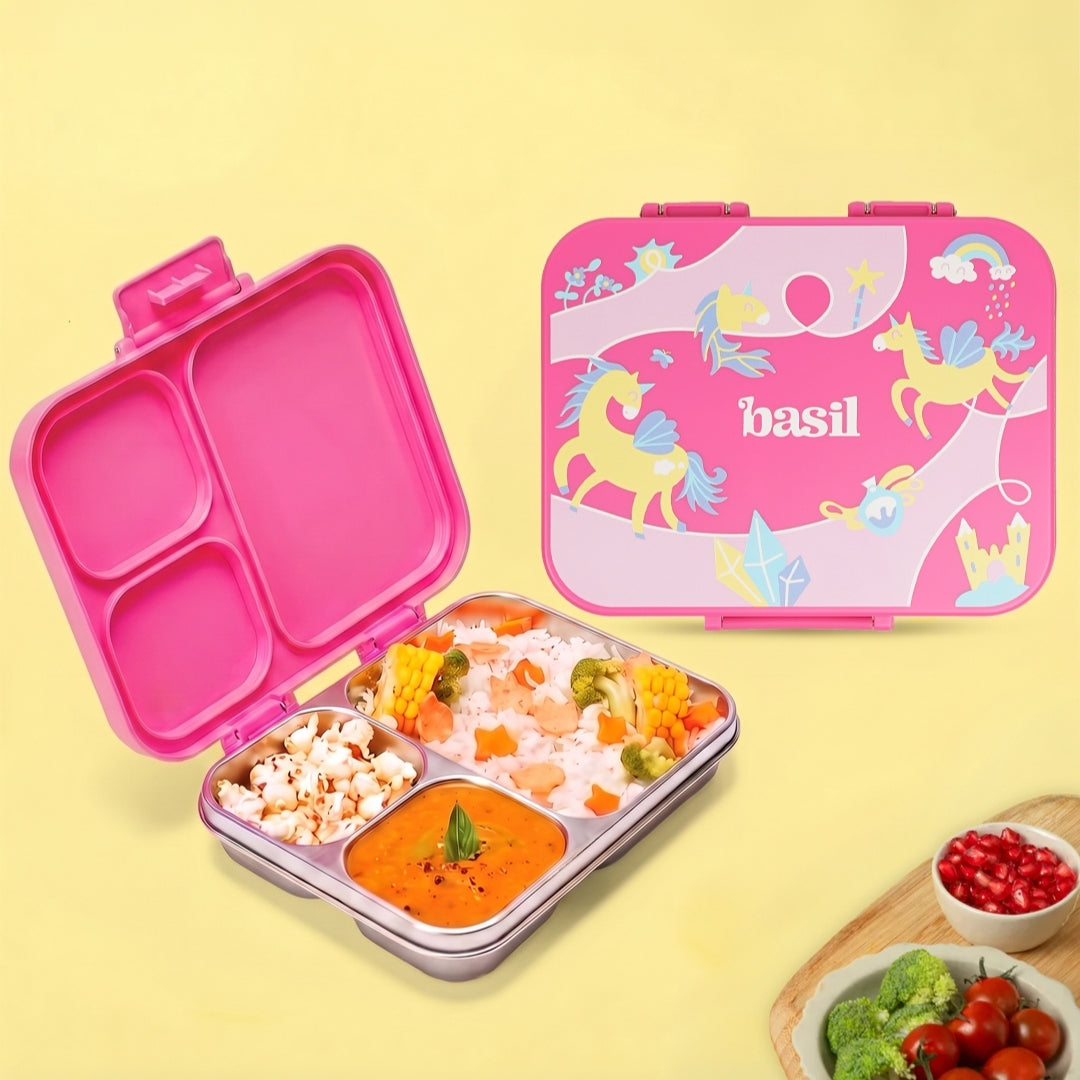 3 Compartment Stainless Steel Lunchbox with Plastic Lid - Pixie Dash