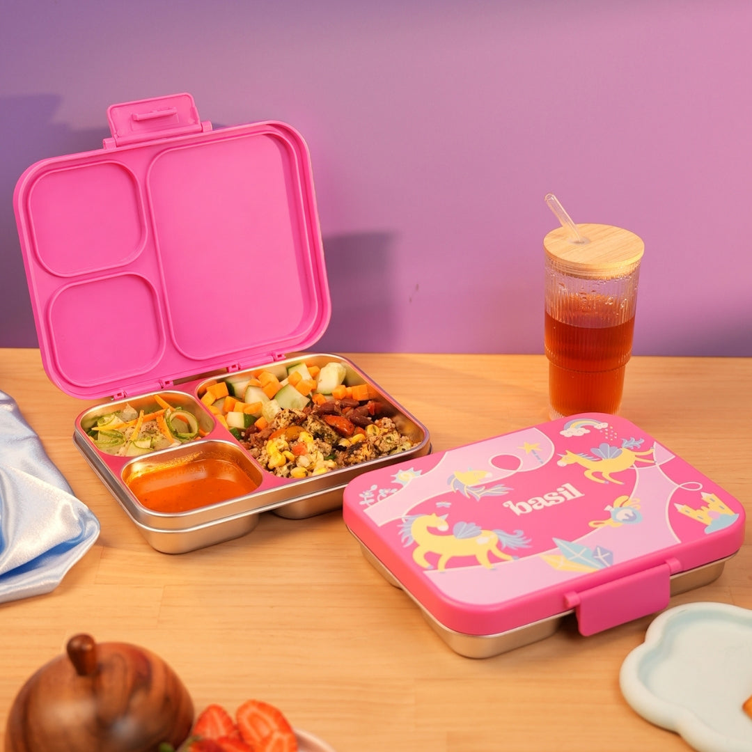 3 Compartment Stainless Steel Lunchbox with Plastic Lid - Pixie Dash